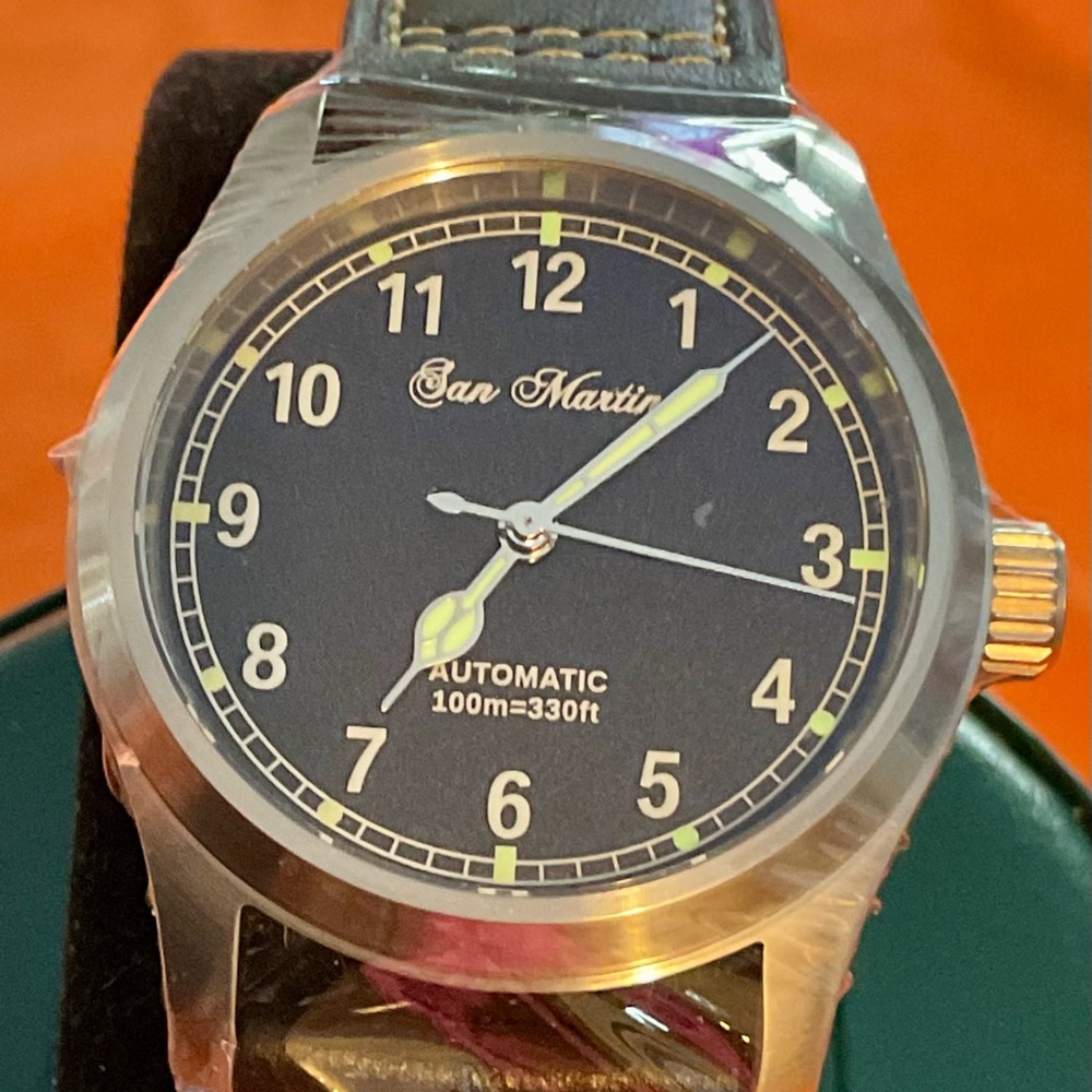 NIB San Martin Automatic Black Field Watch Still Wrapped In Plastic